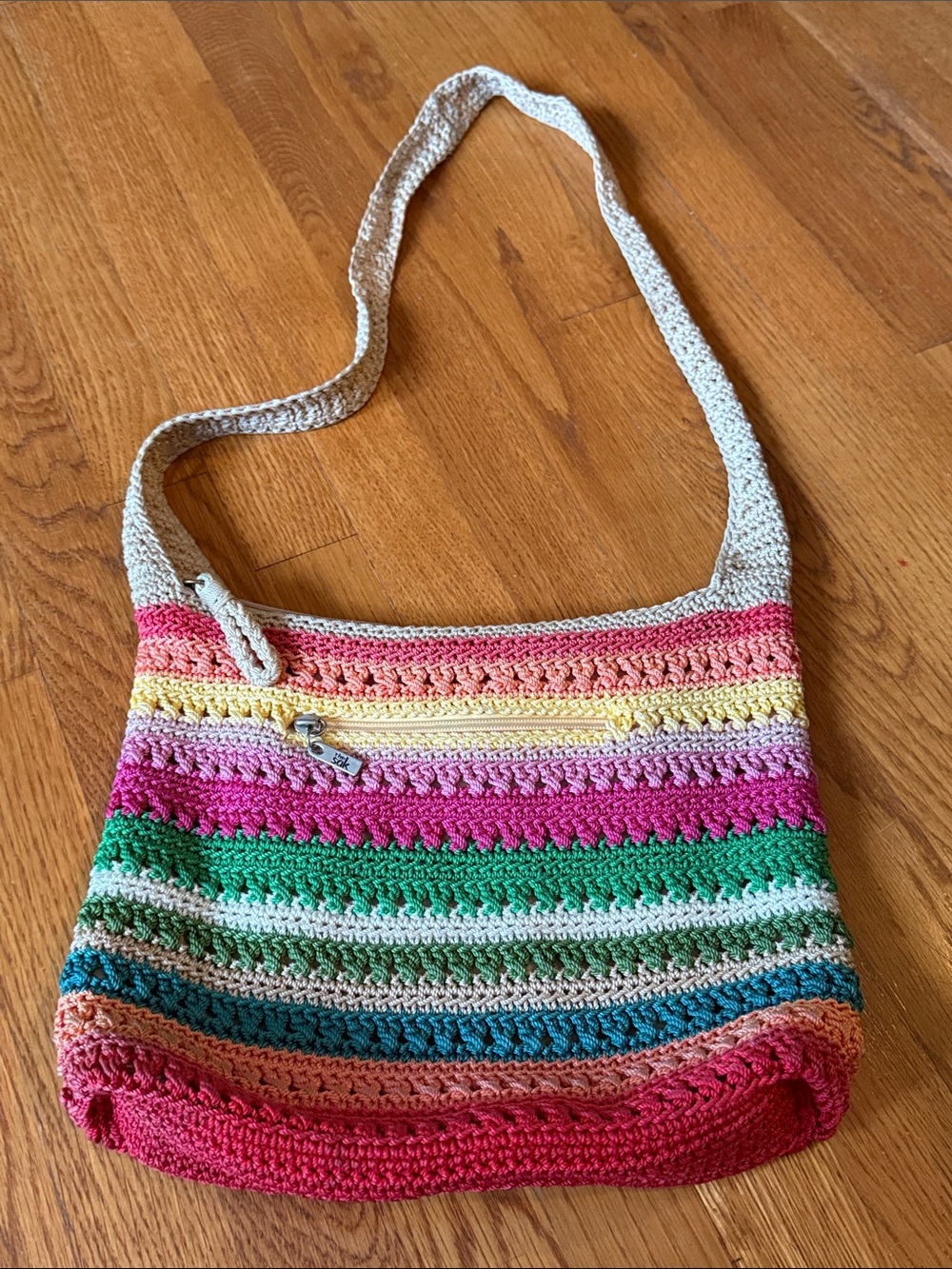 The Sak Rainbow Stripe Crochet Crossbody Bag Boho Zip Closure Summer Beach Fun